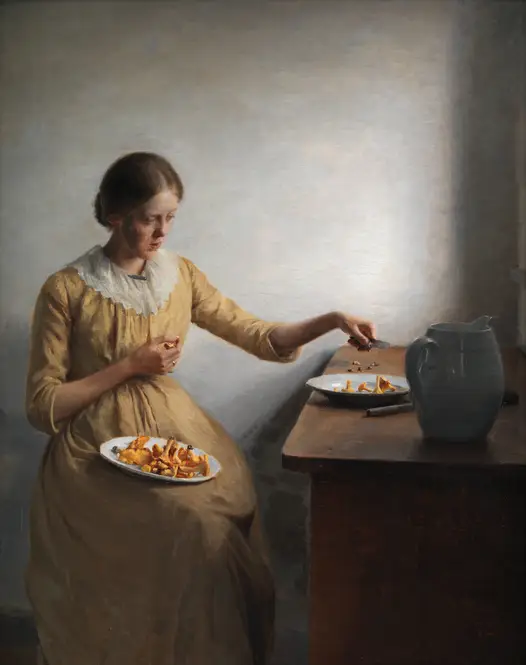 A Young Girl Preparing Chantarelles (1892) by Peter Ilsted